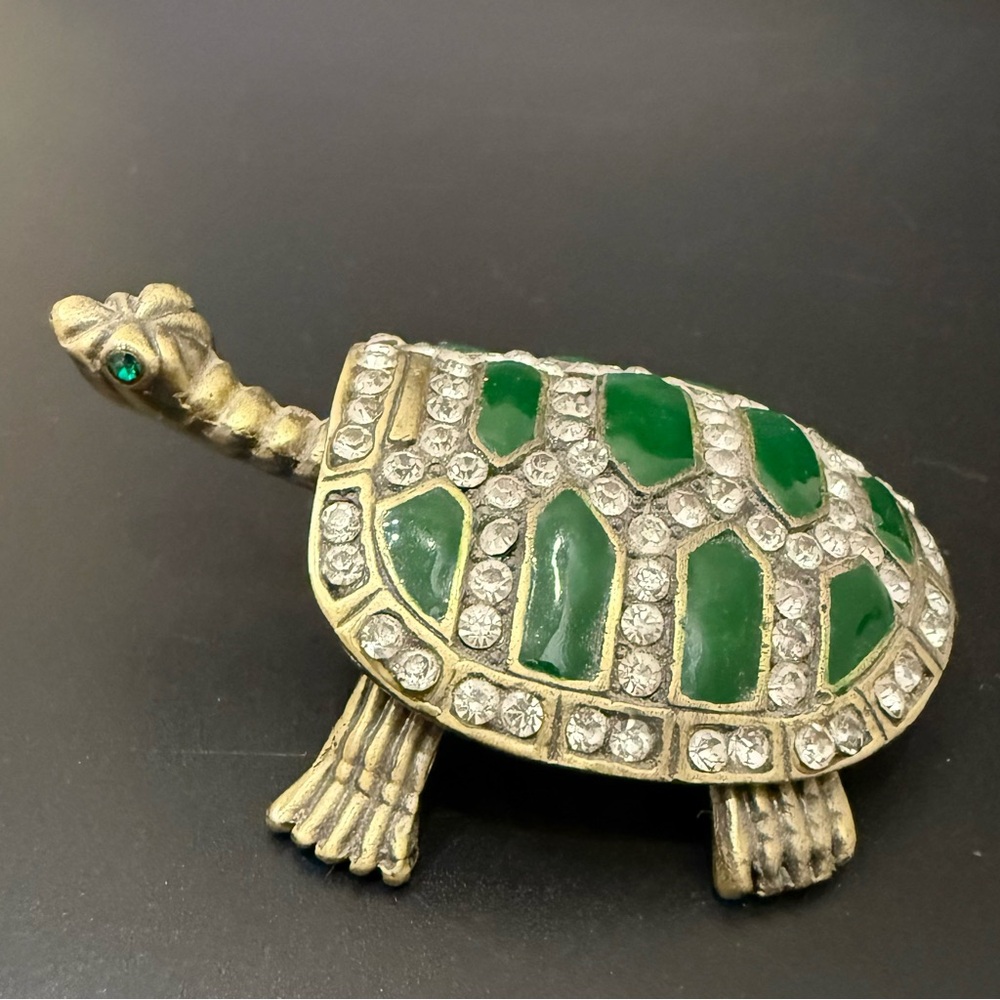 Bejeweled Enameled Green Turtle Trinket Box